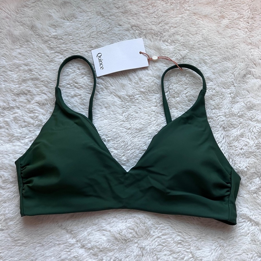 Quince Womens Forest Green Ribbed V-Neck Bikini Top Recycled Size S ATG001 NEW - Picture 3 of 9